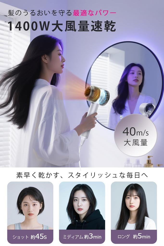 Hair Dryer with High AI Temperature and Fast Drying Features include negative 1400W high 4 temperature and 3 airflow Airflow, Control, Function.