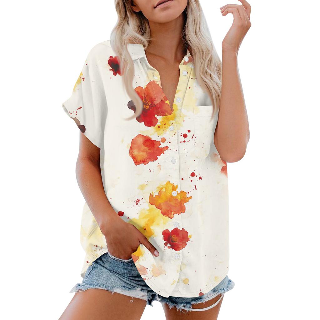 Women's Short Sleeved Shirt, Daily Fashion Printed Button Top, Chest Pocket Cardigan