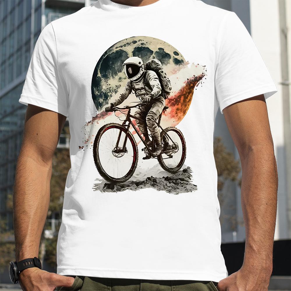 Summer Breathable Short Sleeve Loose Oversized Tee Unisex Mountain Bike Sport Astronaut Ride Bicycle to the Moon Hipster Man Tee