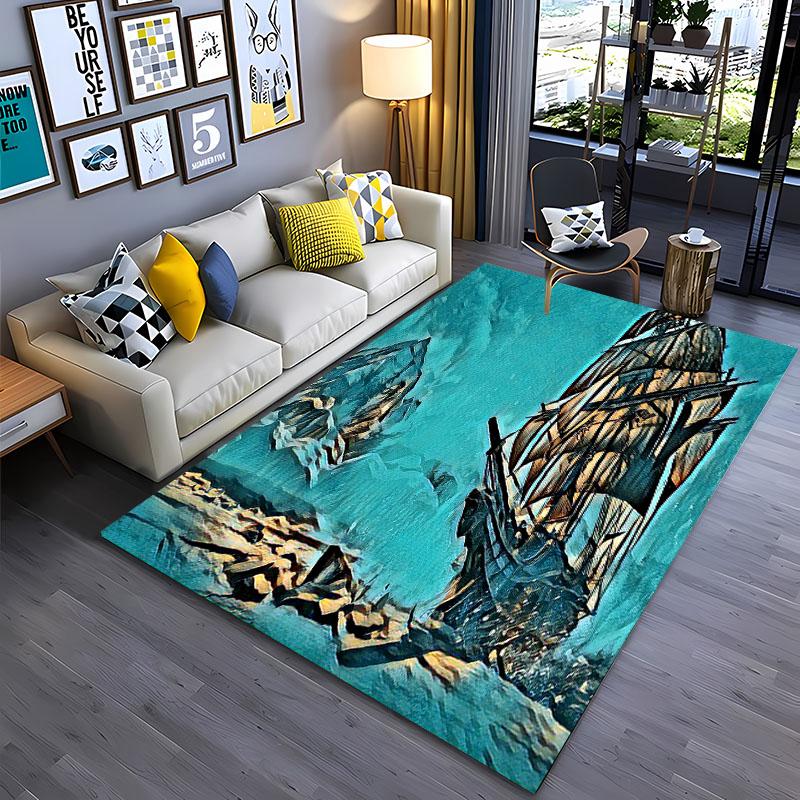 3D Pirate Ship Boat, Large Area Carpets for Home Living Room Children's Bedroom Sofa Doormat Kitchen Floor Rugs Anti-slip Decor
