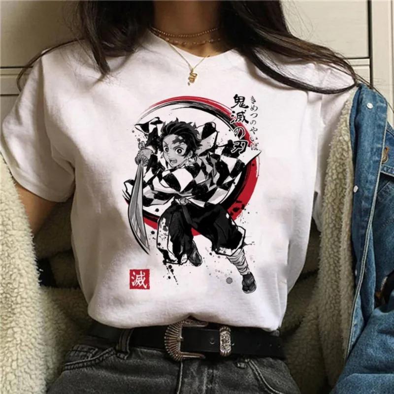 Японская аниме-футболка Demon Slayer Oversize Женская одежда Nezuko Kawaii Футболки Tanjirou O-Neck Graphic Женская футболка Manga Tops