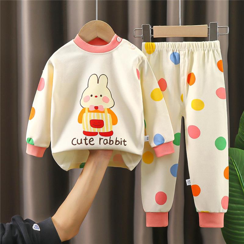 Cartoon Kids 100% Cotton Underwear Set Boys & Girls Thermal Pajamas Soft Long Sleeve Top & Pants Cozy Homewear & Sleepwear