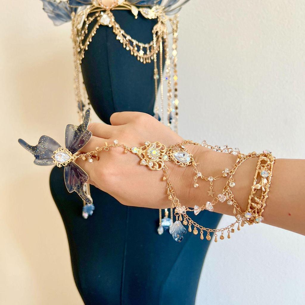 Ancient Xianxia Blue and Black Hanfu Hairpin and Gold Tassel Crown Set for Film and Photography