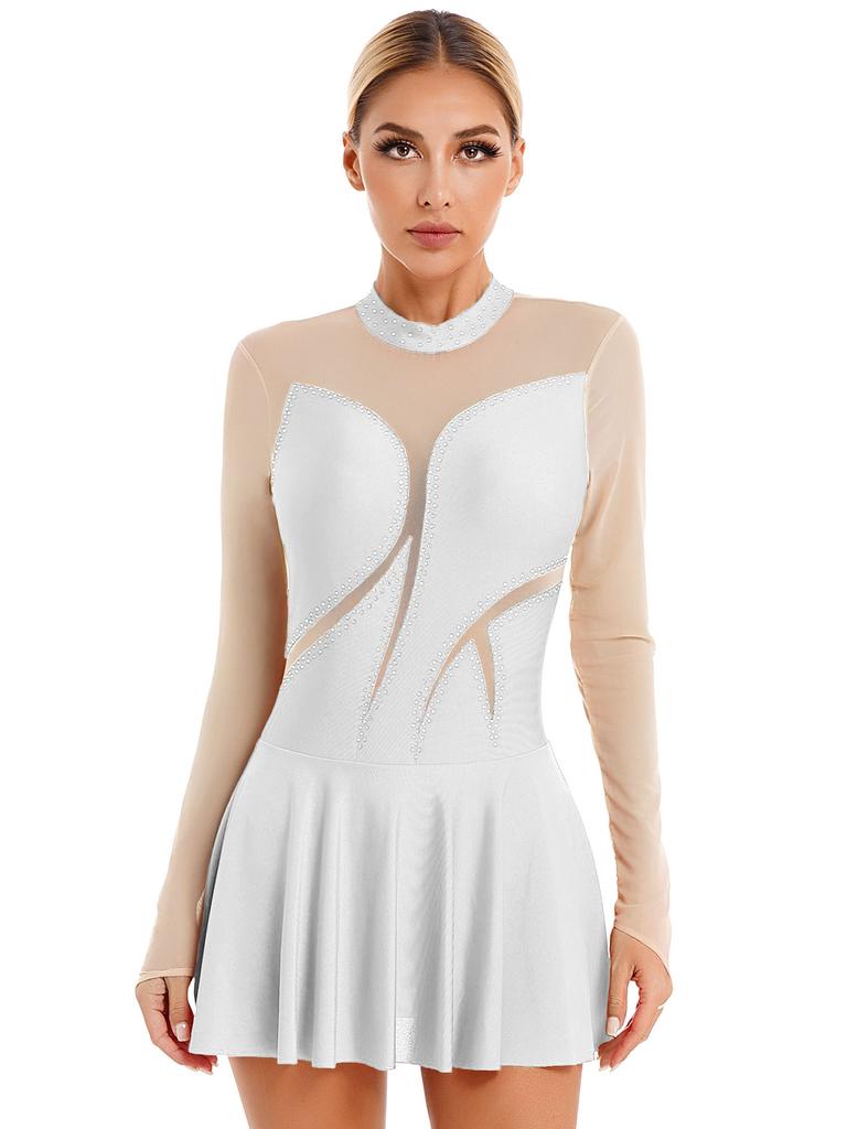 Womens Sparkly Lyrical Dance Costume Featuring Sheer Mesh Patchwork Long Sleeve Mock Neck Bodysuit with Rhinestone Details for Performances