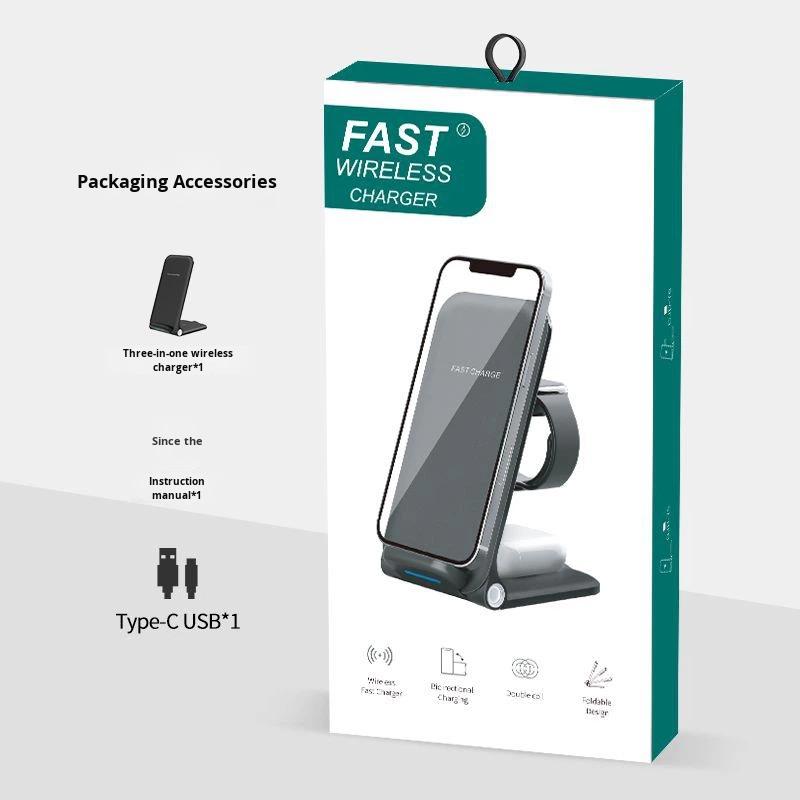 Vertical Folding 3-in-1 Type-C Wireless Charger for 17 Mobile Phone Headphones Watch Charging Stand 15W Fast Charging ABS