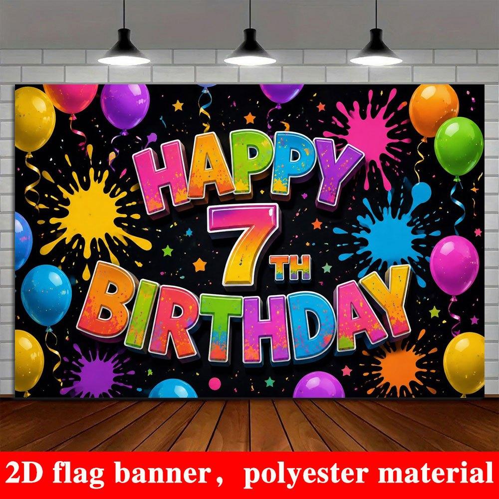 2D Flat Banner, 7th Birthday Party Backdrop, Colorful Balloons, Ink Splatter, Stars