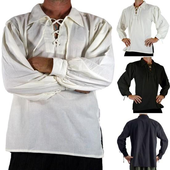 Взрослые мужчины Средневековый Ренессанс Косплей Рубашка с лацканами и длинными рукавами на шнуровке Однотонный свободный пуловер Рубашка