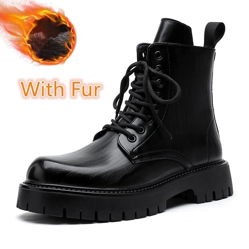 Повседневная кожаная мужская обувь хайтопы, толстая подошва, мужские мотоботы на шнуровке, однотонные полусапоги до середины икры, ботильоны, теплая плюшевая меховая обувь