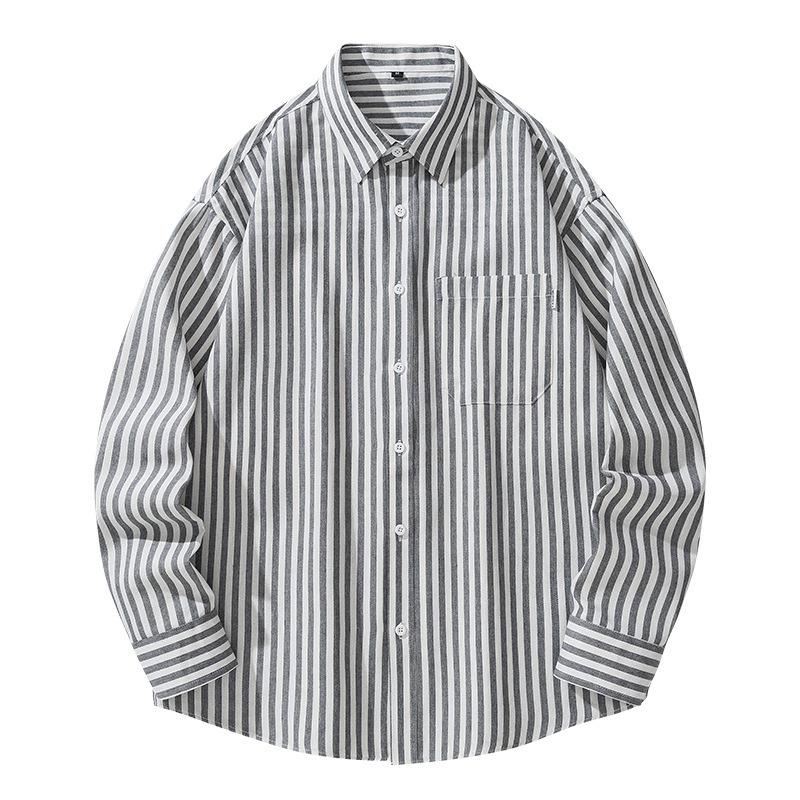 Полосатая мужская рубашка с длинным рукавом, весенне-осенний кардиган на пуговицах, карман, свободная повседневная рубашка