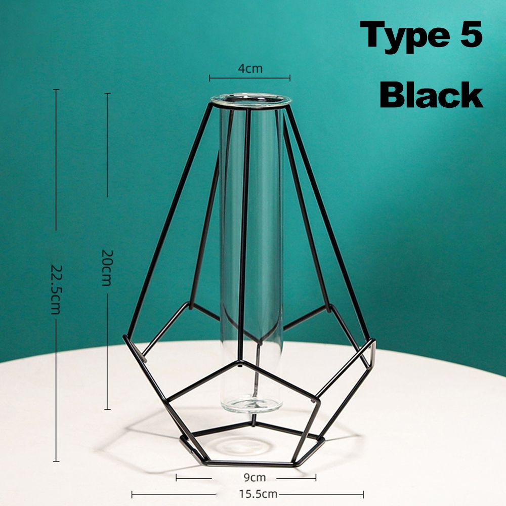 Nordic Styles Hydroponic Flower Vase Geometric Line Frame Iron Art Vase Glass Test Tube Metal Holder Home Decoration Craft Gift
