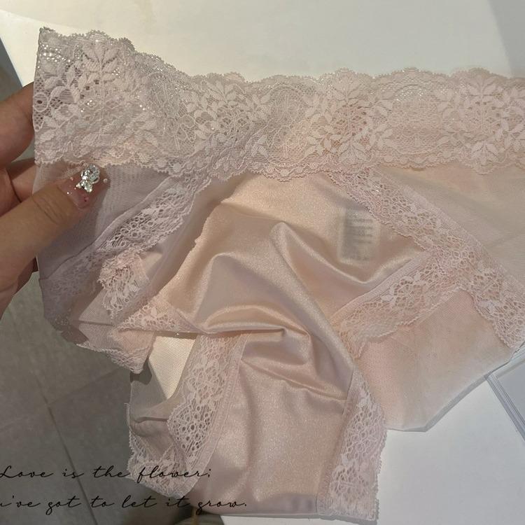 Высококачественные французские атласные кружевные трусики кремового цвета со средней посадкой для женщин - однотонные, промежность из чистого хлопка