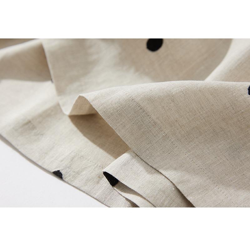 Летнее хлопковое и льняное печатное литературное платье в горошек средней длины с ремешком на талии для похудения, юбка с короткими рукавами