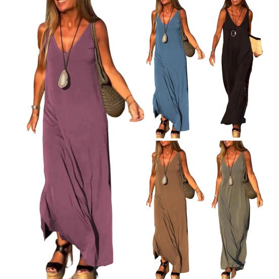 Женское летнее платье-комбинация без рукавов, повседневное платье макси с V-образным вырезом и разрезом, свободный пляжный сарафан, наряд для путешествий и отпуска