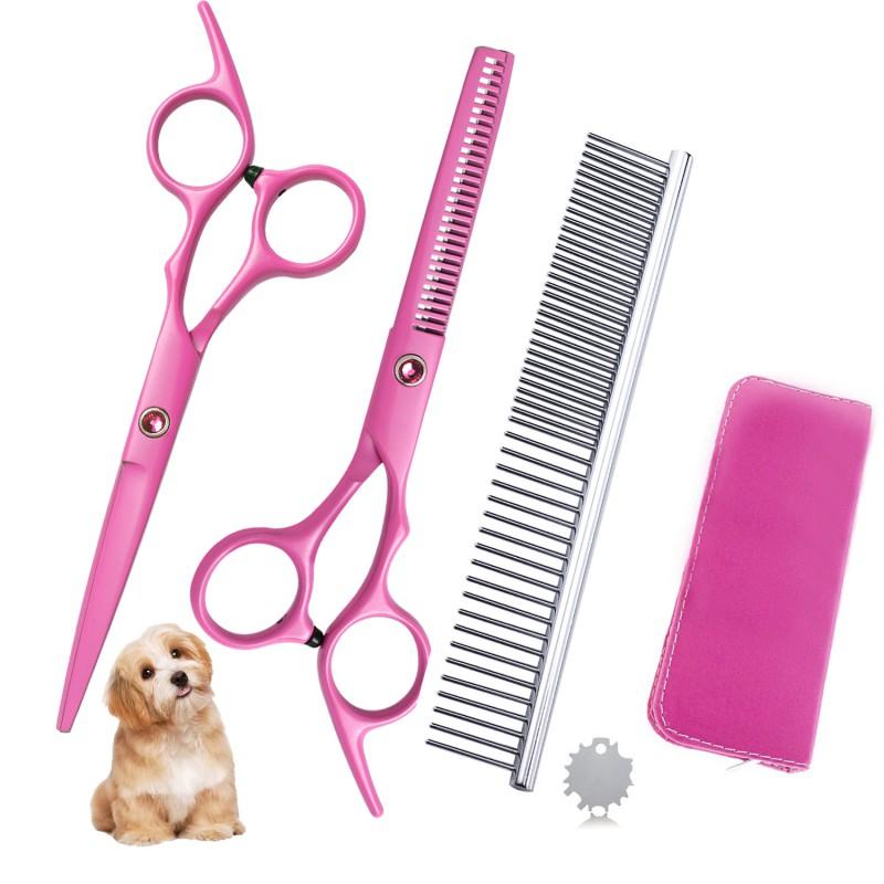 6 Inch Pink Coated Pet Grooming Scissors Set Dogs Including Straight Shears Thinning Comb