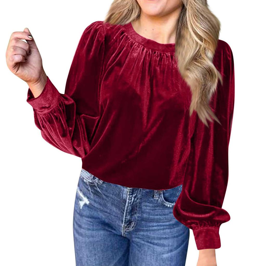 Women's Loose Gold Velvet Solid Color Pullover Round Neck Long Sleeve Top Casual Shirt