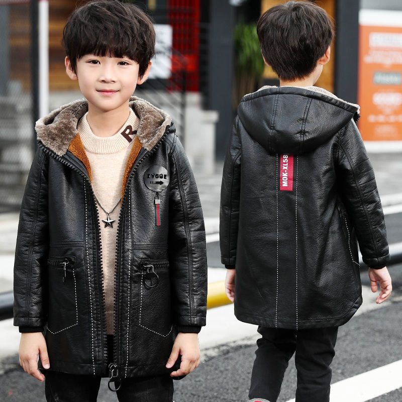 Boys' Casual Fleece-Lined Leather Jacket for Fall/Winter—Children's Mid-Length Thickened Jacket