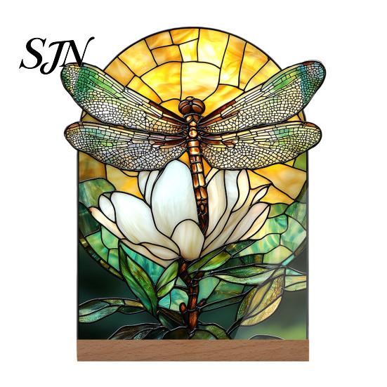 Stable Wooden Base Decoration Stained Glass Style Acrylic Table Centerpieces, Floral & Landscape Pattern Durable Desk Ornament Tabletop Sign with Wood