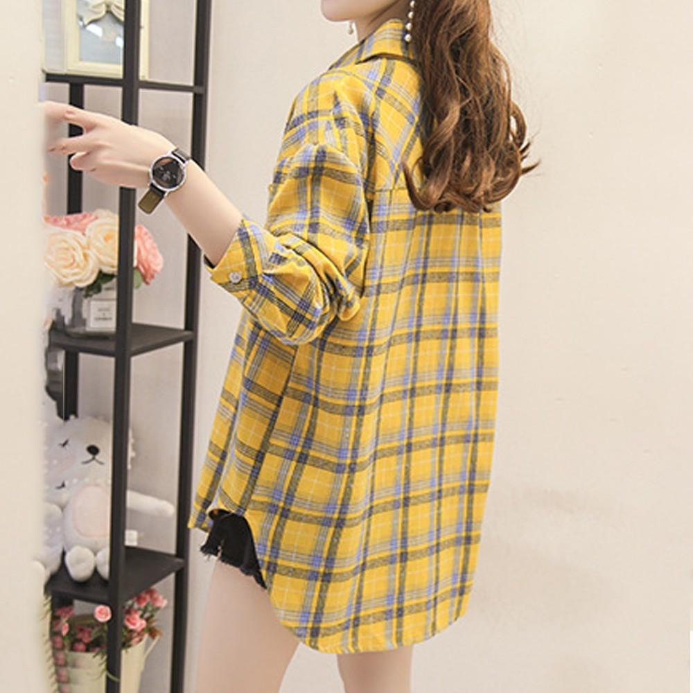 Lattice Print Blouse Women Long Sleeve Turn Down Collar Button T Shirts Tops