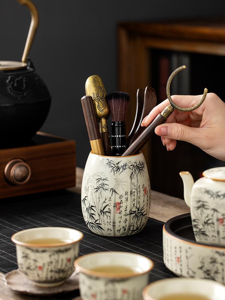 Черный бамбуковый чайный сервиз Ru Kiln Керамика Чайная церемония кунг-фу Желтые аксессуары Хранение Китайская чайная банка Посуда Пенал для ручек Горшок