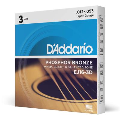 Струны для акустической гитары D'Addario Phosphor Bronze, Light, .012-.053, EJ16-3D, упаковка из 3 комплектов.