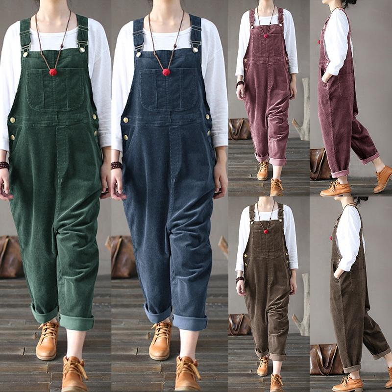 Vintage Women Corduroy Overalls Dungarees Solid Color Bib Pants Sleeveless Loose Jumpsuits Rompers
