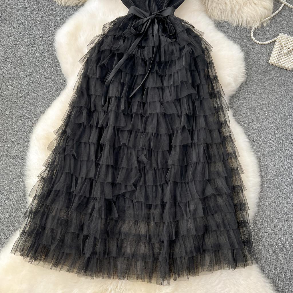 Nomikuma French Women Sweet Mesh Cake Dress Tie Up Waist Slimming Mid Length Elegant Long Cake Dresses 2024 Summer New Vestidos