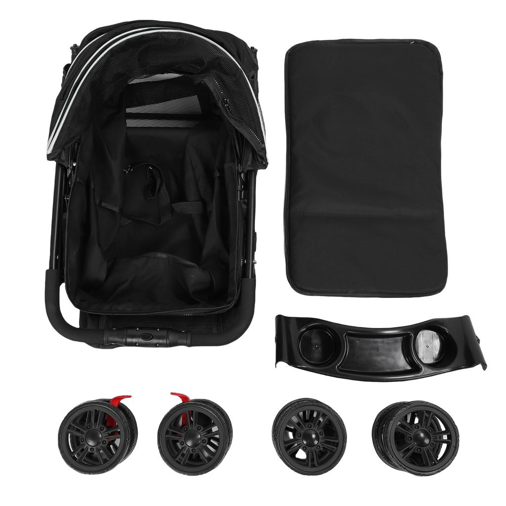 Foldable Pet Stroller Breathable Mesh with 2 Way Zipper Canopy Detachable Food Tray Cup Holder Travel Cat Dog Stroller