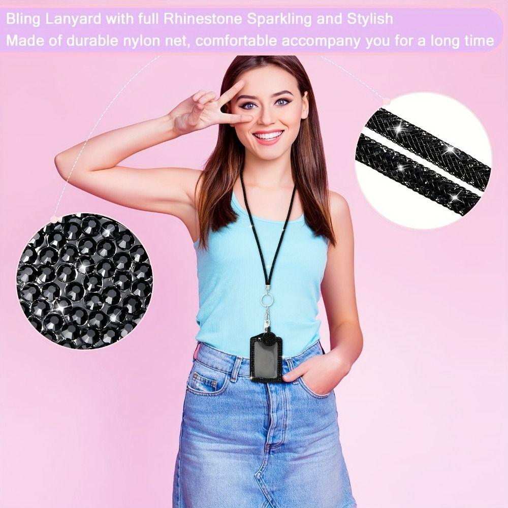 Rhinestone Decorated ID Holder with Lanyard Bling Retractable Badge Holder for Students