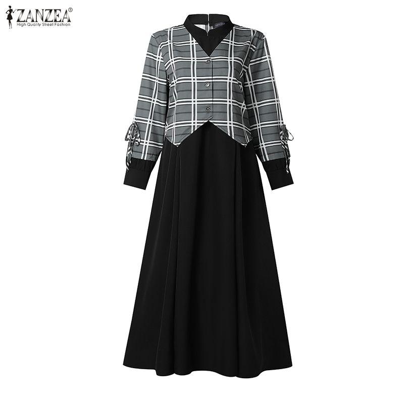ZANZEA Women Muslim Casual Round Neck Long Sleeve Plaid Print Patchwork Loose Long Dress