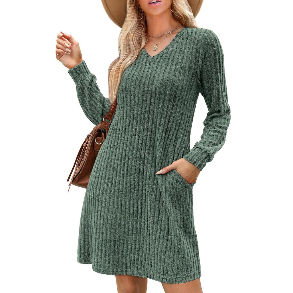 Женские осенние платья с V-образным вырезом, повседневные короткие платья с длинным рукавом, модная одежда