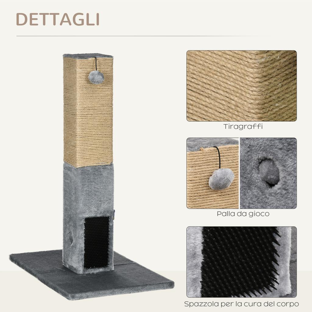 Cat Scratching Post with 2 Toy Balls and Brush, Made of Wood, Jute and Plush, 59.5x39x79 cm, Grey