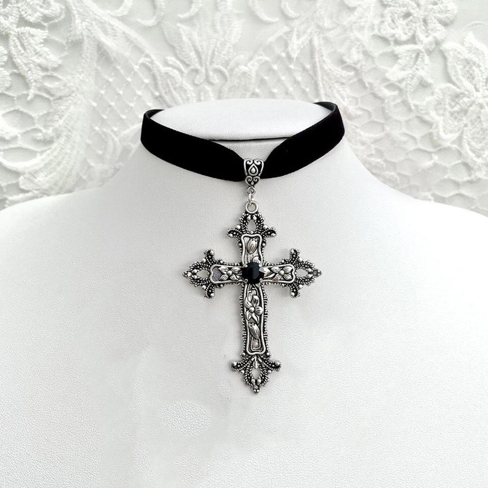 Cross Pendant Choker Necklace Gothic Style Cross Bead Necklace Women's Jewelry Gift Idea