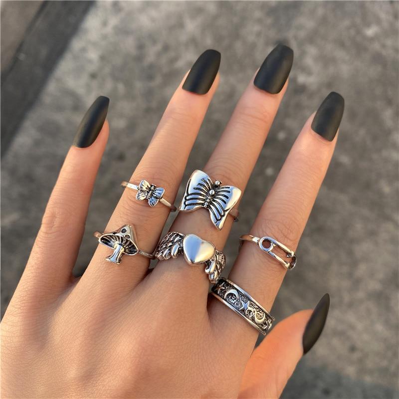 17KM Punk Silver Plated Rings Set For Women Men Vintage Gothic Geometric Skull Stone Rings 2022 Trend Jewelry Gifts