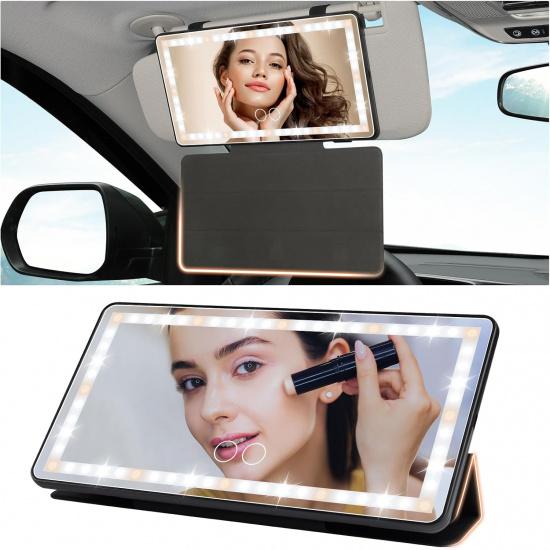 Car Sun Visor Vanity Mirror With Protective Cover, Rechargeable LED Visor Mirror With 3 Light Modes Touch Control, Universal Sun Visor Makeup Mirrors