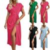 Women's Loose Solid Color High Waist Slit Short Sleeved Button Up Dress Button Up Dress