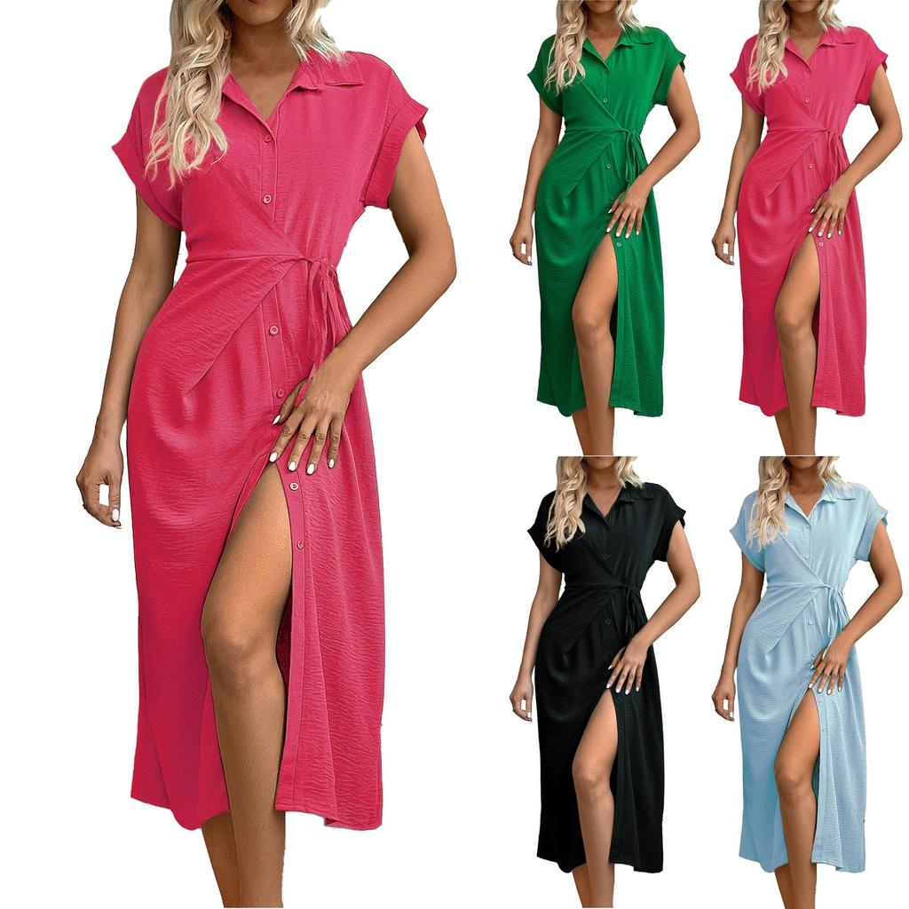 Женское свободное однотонное платье с высокой талией и короткими рукавами на пуговицах