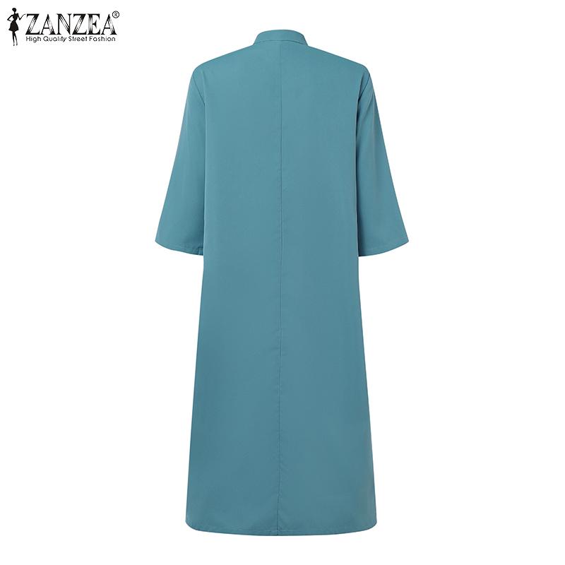ZANZEA Women Stand Collar Casual 3/4 Sleeve Retro Sheath Dress