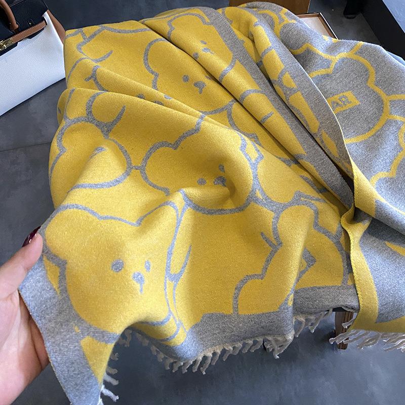 Korean Version of Cute Bear Student Imitation Cashmere Scarf High End Lady Soft Girl Tassel Shawl Warm and Thickened Scarf
