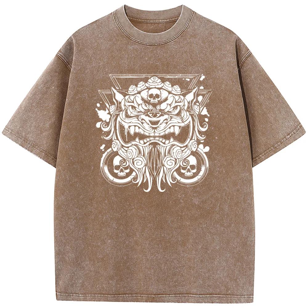 Танцующая голова льва Мужская повседневная футболка с коротким рукавом Выстиранная состаренная футболка высокого качества Горячая распродажа Студенческий топ Футболки