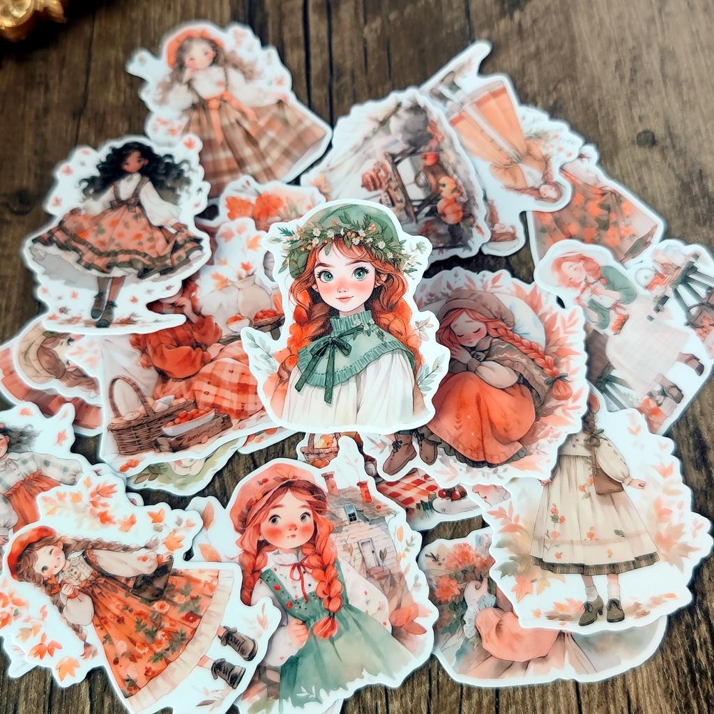 1 Set Autumn watercolor forest style double ponytail girl picnic Stickers Decorative Scrapbooking Journaling Stationery