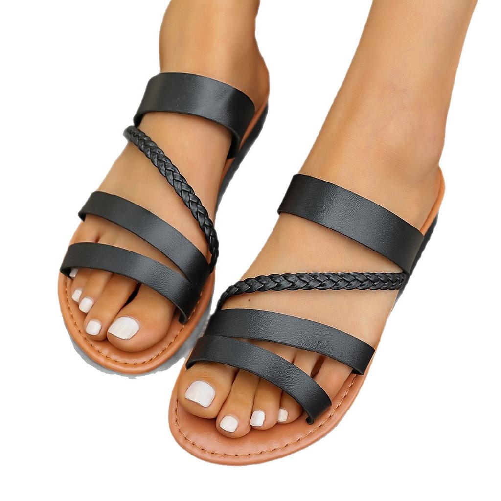 Flat-bottomed Slippers Women's Spring and Summer New Fashion Lightweight Solid Color Woven Outer Wear Beach Cool Slippers