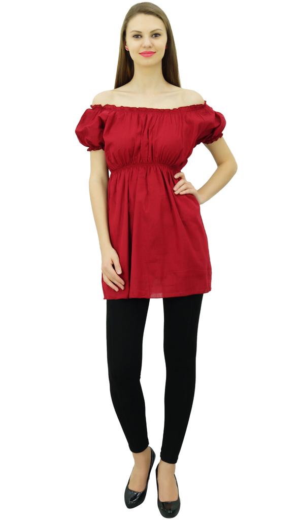 Bimba Женские топы с открытыми плечами и пышными рукавами, блузка с эластичной талией, хлопок