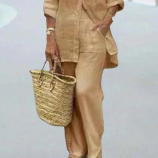 2 Pcs/Set Women Shirt Pants Set Solid Color Turn-down Collar Long Sleeve Top Wide Leg Elastic Waist Loose Pants Commute Clothes Blouse Trousers Set