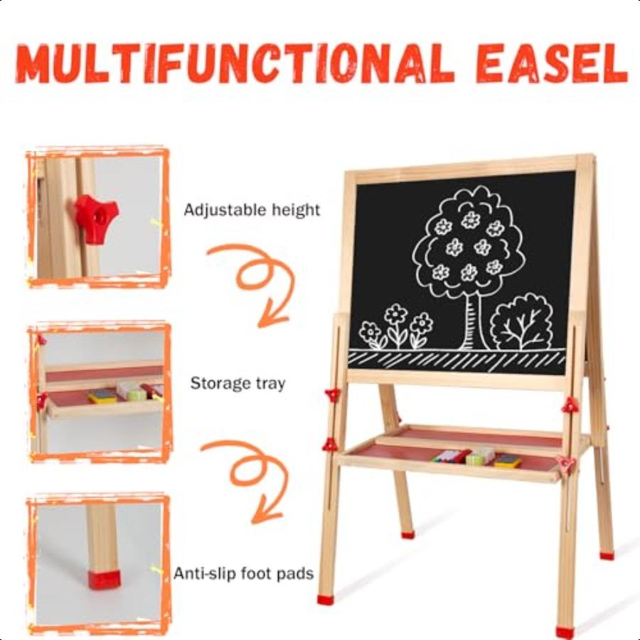 Wooden Art Easel for Double Sided Foldable Easels for Toddlers 3 4 5 6 7 8 9 10 Years Adjustable Standing Easel with Accories P