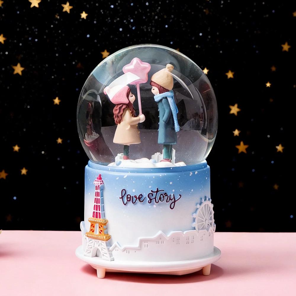 Cartoon Couple Crystal Ball Resin Snow Globe Music Box Toy