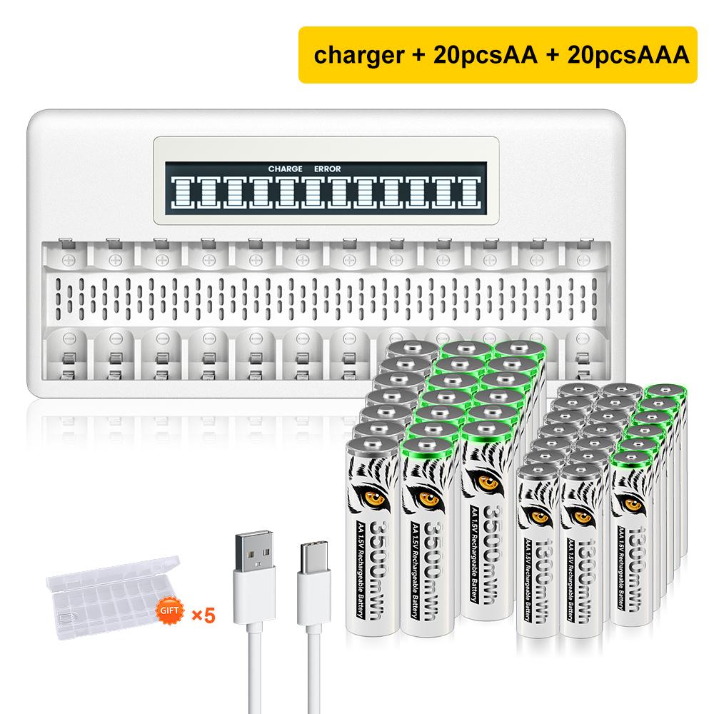 PALO 4-40 Pcs Rechargeable AA+AAA 1.5V Li-ion Batteries 3500+1300 mWh HR6 HR03 Battery with 12 Slots LCD USB 1.5V Li-ion Battery Charger