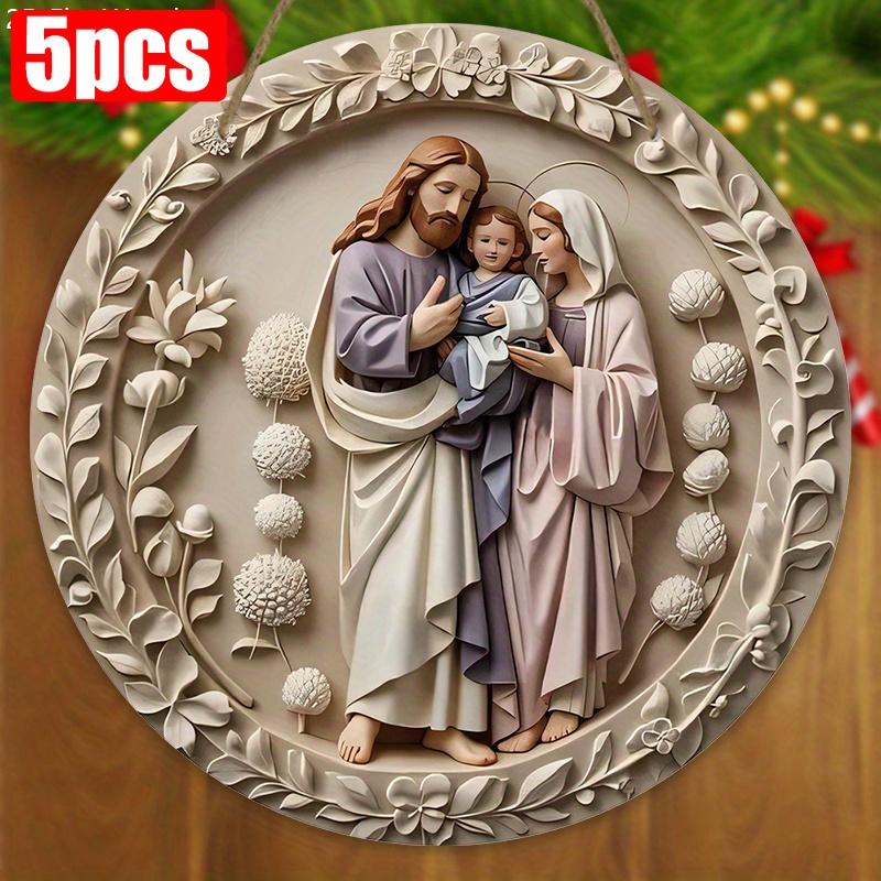 5 шт. Деревянный знак «Рождественский вертеп» - эффект плоской гравюры на дереве 2D, рождественский подвесной декор для входной двери, стены, церкви - религиозные семейные фигурки, требуется питание