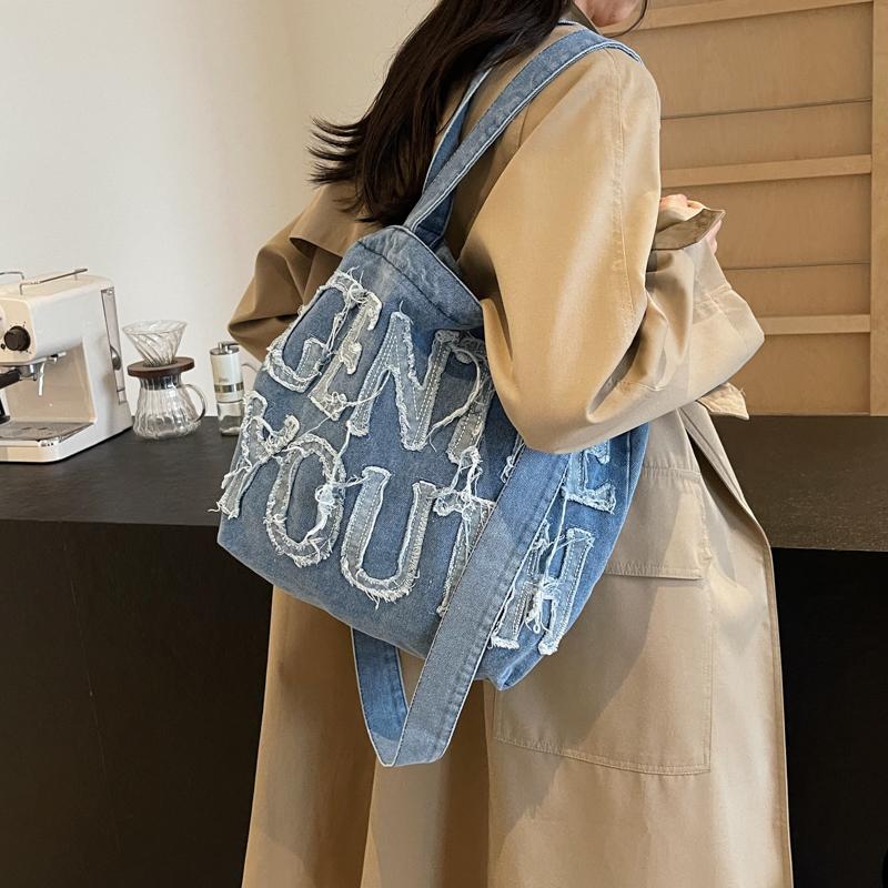 Джинсовая сумка-тоут, женская сумка через плечо с буквенным принтом, большая вместительная портативная сумка через плечо