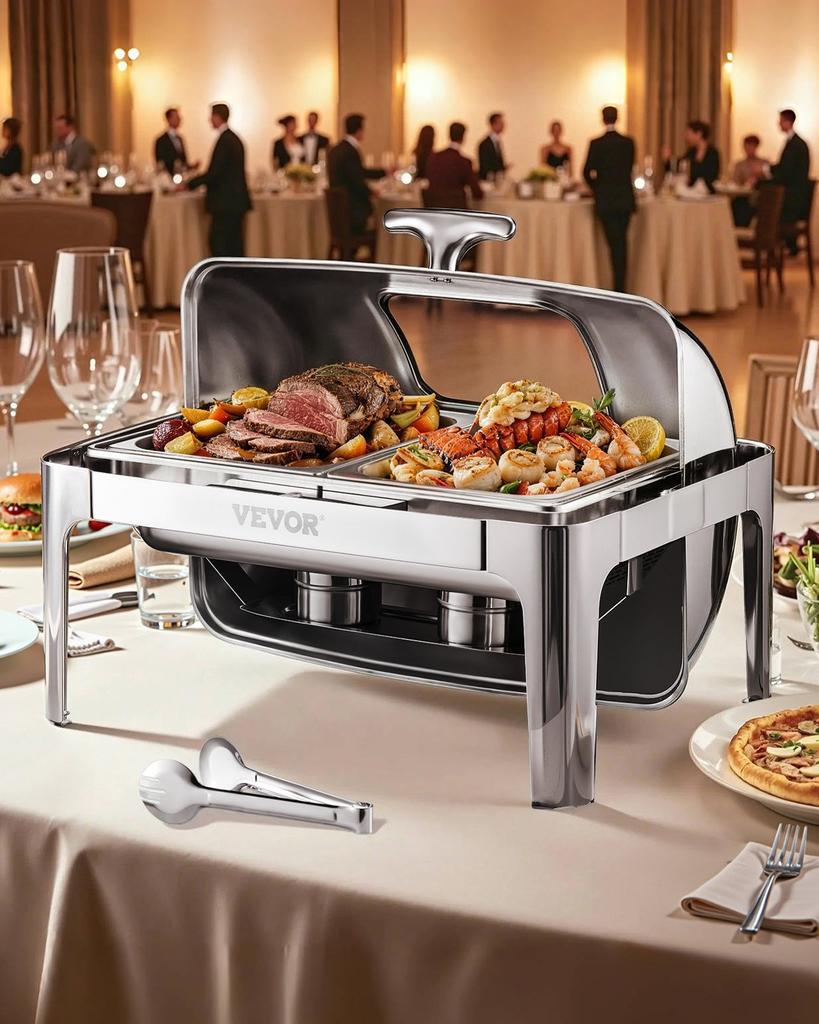 VEVOR Roll Top Chafing Dish Buffet Complete Set, 9 Qt 1 Pack Stainless Steel Chafer with 2 Half Size Pans