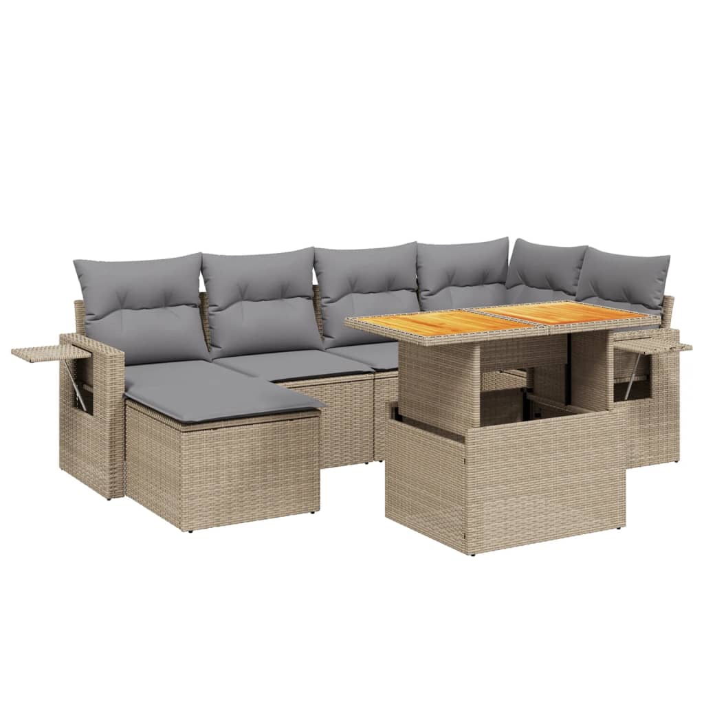 7 Piece Garden Sofa Set with Cushions Beige Poly Rattan